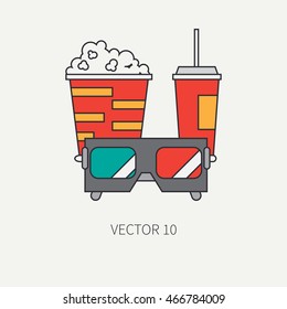 Line flat color vector icon elements of movie theater pop culture - popcorn, cola. Cartoon style. Cinema. Vector illustration and element for your design , wallpaper. Collection. 3D glasses. Movie.