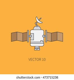 Line flat color vector icon elements of aerospace program - communication satellite. Cartoon style. Astronautics. Illustration and element for design. Space investigations. Clipart. Technology. Logo.