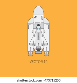 Line flat color vector icon elements of aerospace program - rocket and space shuttle. Cartoon style. Astronautics. Illustration and element for design. Collection. Space. Galaxy. Technology. Logo.