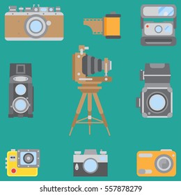 Line flat color vector icon set with retro analog film cameras. Photography and art. Reflex 35mm photocamera. Cartoon style. Illustration, element for your design. Photographic lens. Simple. Shoot.