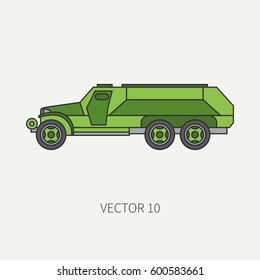 Line flat color vector icon infantry assault armored army truck. Military vehicle. Cartoon vintage style. Transport soldiers. Defended. Tractor unit. Tow. Simple. Illustration and element for design.