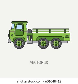 Line flat color vector icon service staff open body army truck. Military vehicle. Cartoon vintage style. Cargo transportation. Tractor unit. Tow auto. Simple. Illustration and element for your design.