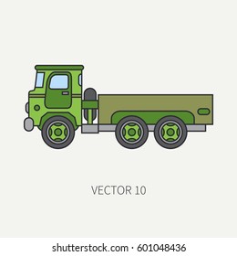 Line flat color vector icon service staff open body army truck. Military vehicle. Cartoon vintage style. Cargo transportation. Tractor unit. Tow auto. Simple. Illustration and element for design. Road