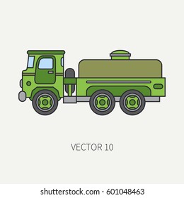 Line flat color vector icon service staff refueller army truck. Military vehicle. Cartoon vintage style. Cargo transportation. Tractor unit. Tow auto. Simple. Illustration and element for design. Road