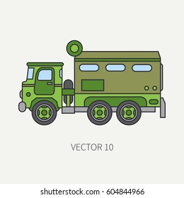Line flat color vector icon armored wagon army truck. Military vehicle. Cartoon vintage style. Autonomous mobile command post. Tractor unit. Tow auto. War. Simple. Illustration and element for design.