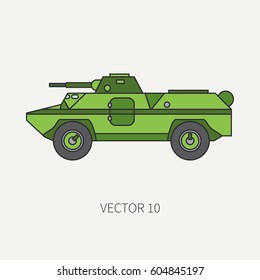 Line flat color vector icon infantry assault armored army truck. Military amphibious vehicle. Cartoon vintage style. Soldiers. Gun turret. Tractor unit. Tow. Simple. Illustration, element for design.