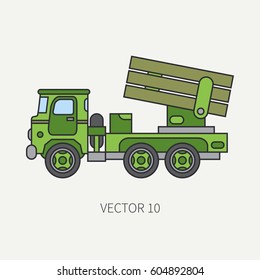 Line flat color vector icon armored reactive systems of salvo army truck. Military vehicle. Cartoon vintage style. Missiles. Tractor unit. Tow auto. Simple. Illustration and element for your design.