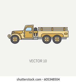 Line flat color vector icon service staff open body army truck. Military vehicle. Cartoon vintage style. Cargo transportation. Tractor unit. Tow auto. Simple. Illustration and element for design. Road
