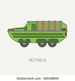 Line flat color vector icon infantry assault armored army truck. Military amphibious vehicle. Cartoon vintage style. Soldiers. Gun turret. Tractor unit. Tow. Simple. Illustration, element for design.