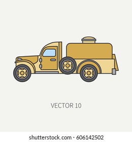 Line flat color vector icon service staff refueller army truck. Military vehicle. Cartoon vintage style. Cargo transportation. Tractor unit. Tow auto. Simple. Illustration and element for design. Road