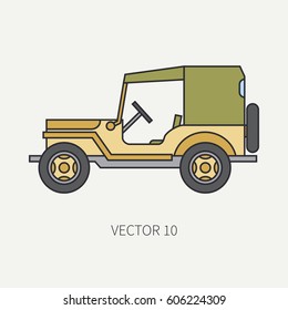 Line flat color vector icon service staff tarpaulin body army car. Military vehicle. Cartoon vintage style. Cargo transportation. Tractor unit. Tow auto. Simple. Illustration and element for design.