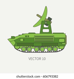 Line flat color vector icon intelligence service armored army truck. Military vehicle. Cartoon vintage style. Soldiers. Telemetry. Tank. Tractor unit. Tow. Simple. Illustration and element for design.