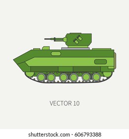 Line flat color vector icon infantry assault armored army truck. Military amphibious vehicle. Cartoon vintage style. Soldiers. Gun turret. Tractor unit. Tow. Simple. Illustration, element for design.