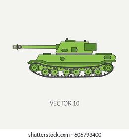 Line flat color vector icon infantry assault army tank. Military vehicle. Cartoon vintage style. Soldiers. Armored tank. Weaponry. Tractor unit. Tow. War. Simple. Illustration and element for design