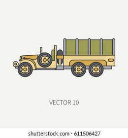 Line flat color vector icon tarpaulin wagon army truck. Military vehicle. Cartoon vintage style. Cargo and soldiers transportation. Tractor unit. Tow auto. Simple. Illustration and element for design.