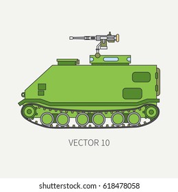Line flat color vector icon infantry assault armored army truck. Military amphibious vehicle. Cartoon vintage style. Soldiers. Tractor unit. Tow auto. Simple. Illustration and element for your design.