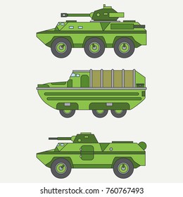 Line flat color vector icon set service staff open body diesel army truck. Military shell vehicle. Cartoon retro style. Cargo transportation. Tow. Simple. Illustration, element for design, wallpaper.