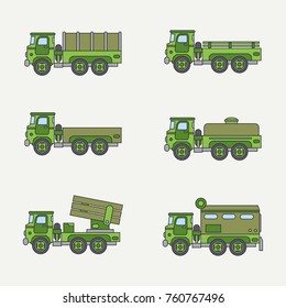 Line flat color vector icon set service staff open body diesel army truck. Military shell vehicle. Cartoon retro style. Cargo transportation. Tow. Simple. Illustration, element for design, wallpaper.