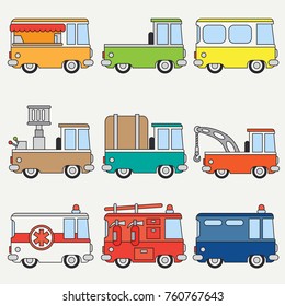 Line flat color vector icon set cute retro city auto . Emergency assistance vehicle. Cartoon style. Urban truck. Police van. Firefighter. Vector illustration and element for your design, wallpaper.