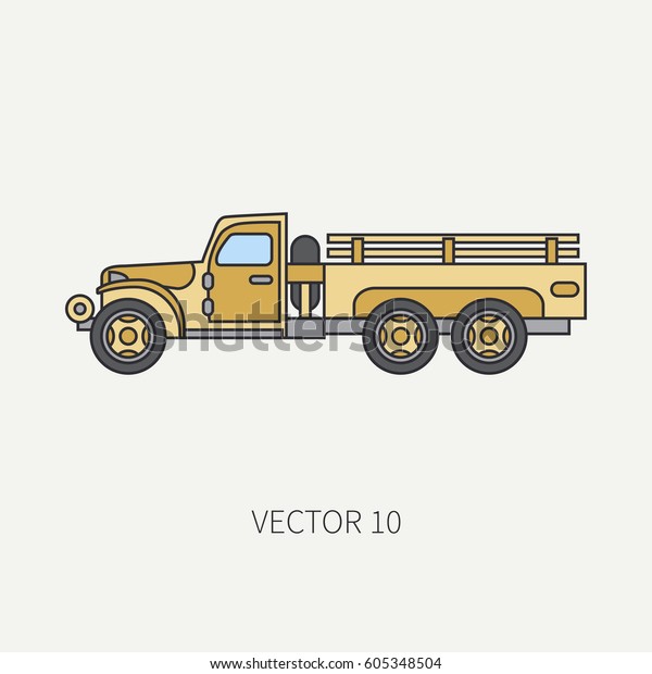 Line flat color vector icon service staff open body
army truck. Military vehicle. Cartoon vintage style. Cargo
transportation. Tractor unit. Tow auto. Simple. Illustration and
element for design. Road