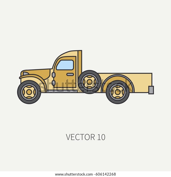 Line flat color vector icon service staff open body\
army truck. Military vehicle. Cartoon vintage style. Cargo\
transportation. Tractor unit. Tow auto. Simple. Illustration and\
element for design. Road