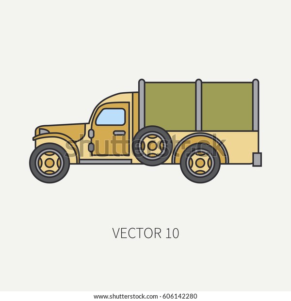 Line flat color vector icon tarpaulin wagon army\
truck. Military vehicle. Cartoon vintage style. Cargo and soldiers\
transportation. Tractor unit. Tow auto. Simple. Illustration and\
element for design.