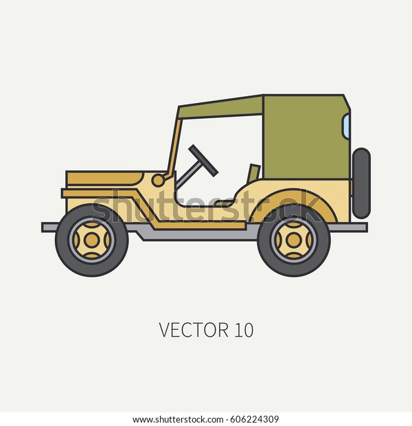 Line flat color vector icon service staff\
tarpaulin body army car. Military vehicle. Cartoon vintage style.\
Cargo transportation. Tractor unit. Tow auto. Simple. Illustration\
and element for design.