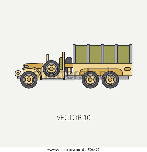 Line flat color vector icon tarpaulin wagon army
truck. Military vehicle. Cartoon vintage style. Cargo and soldiers
transportation. Tractor unit. Tow auto. Simple. Illustration and
element for design.