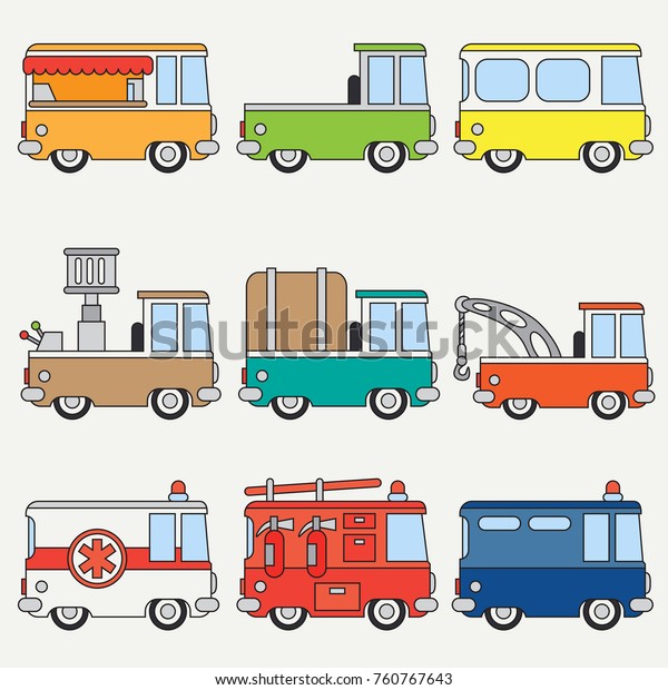 Line flat color vector icon set cute retro\
city auto . Emergency assistance vehicle. Cartoon style. Urban\
truck. Police van. Firefighter. Vector illustration and element for\
your design, wallpaper.