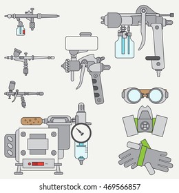 Line flat color vector icons set of drawing instruments for aerography. Cartoon style. Drawing. Airbrush. Art. Illustration and element for design. Collection. Industrial. Air compressor. Logo.
