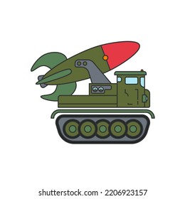 Line flat color vector illustration icon infantry assault army aircraft missile. Military vehicle. Simple retro style. Soldiers equipment. Armored corps. Weaponry. Tractor caterpillar unit. Defense.