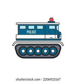 Line flat color vector illustration icon infantry assault police defense van. Police vehicle. Simple retro style. Anti-protest equipment. Armored corps. Weaponry. Tractor caterpillar unit. Tow. Riot.