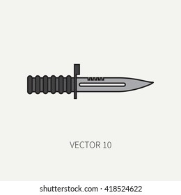 Line flat color vector military icon - bayonet knife. Army equipment and weapons. Cartoon style. Vector illustration. Military and war icons. Infographic design elements for design.