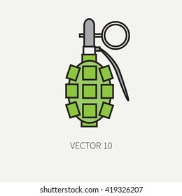Line flat color vector military icon - hand grenade. Army equipment and weapons. Cartoon style. Vector illustration. Military and war icons. Infographic design elements for design.