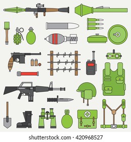 Line flat color vector military icon set. Army equipment and weapons. Cartoon style. Vector illustration and element for your design , wallpaper. 