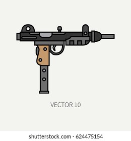 Line flat color vector military icon - machine gun. Army equipment and armament. Legendary retro weapon. Cartoon style. Assault. Soldiers. Slug. War. Illustration and element for design and wallpaper.