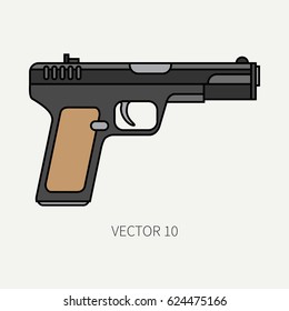 Line flat color vector military icon handgun, pistol. Army equipment and armament. Legendary retro weapon. Cartoon style. Assault. Soldier. Slug. War. Illustration and element for design and wallpaper