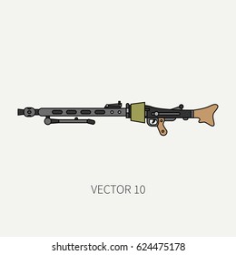 Line flat color vector military icon - machine gun. Army equipment and armament. Legendary retro weapon. Cartoon style. Assault. Soldiers. Slug. War. Illustration and element for design and wallpaper.