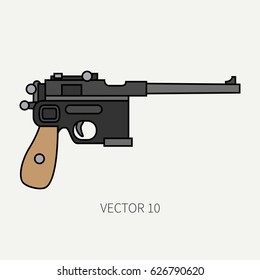 Line flat color vector military icon handgun, pistol. Army equipment and armament. Legendary retro weapon. Cartoon style. Assault. Soldiers. War. Illustration and element for your design and wallpaper