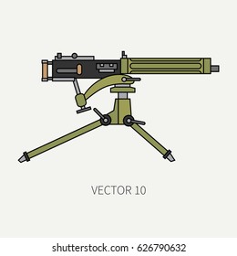 Line flat color vector military icon - machine gun. Army equipment and armament. Legendary retro weapon. Cartoon style. Assault. Soldiers. Slug. War. Illustration and element for design and wallpaper.