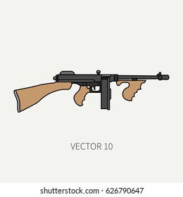 Line flat color vector military icon - machine gun. Army equipment and armament. Legendary retro weapon. Cartoon style. Assault. Soldiers. War. Illustration and element for your design and wallpaper.