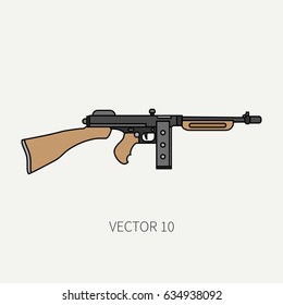 Line flat color vector military icon - machine gun. Army equipment and armament. Legendary retro weapon. Cartoon style. Assault. Soldiers. Slug. War. Illustration and element for design and wallpaper.