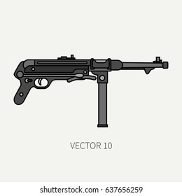 Line flat color vector military icon - machine gun. Army equipment and armament. Legendary retro weapon. Cartoon style. Assault. Soldiers. Slug. War. Illustration and element for design and wallpaper.