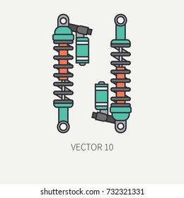 Line flat color vector motorcycle icon modern bike shock absorber. Legendary retro. Cartoon style. Biker motoclub. Highway. Gasoline engine. Moto. Illustration, element for your design and wallpaper.