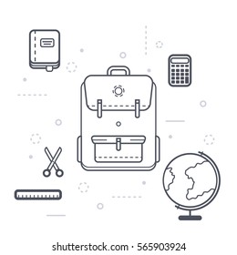 Line flat design of backpack, book with a bookmark, globe, scale, calculator, scissors. Modern vector illustration concept. Set