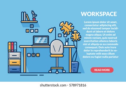 Line flat design banner of Creative Workspace for website and mobile website, easy to use and highly customizable. Modern vector illustration concept