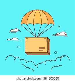 Line flat design colorful vector illustration of package flying down from sky with parachute, concept for delivery service