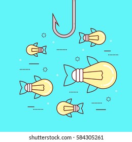 Line flat design colorful vector illustration of floating light bulbs and fishhook, concept for catching ideas