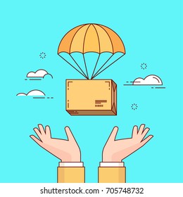 Line flat design colorful vector illustration of package flying down from sky with parachute into hands, concept for delivery service