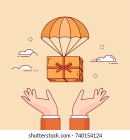 Diseño plano en línea ilustración vectorial colorida de caja de regalo que vuela desde el cielo con paracaídas en manos, concepto de servicio de entrega